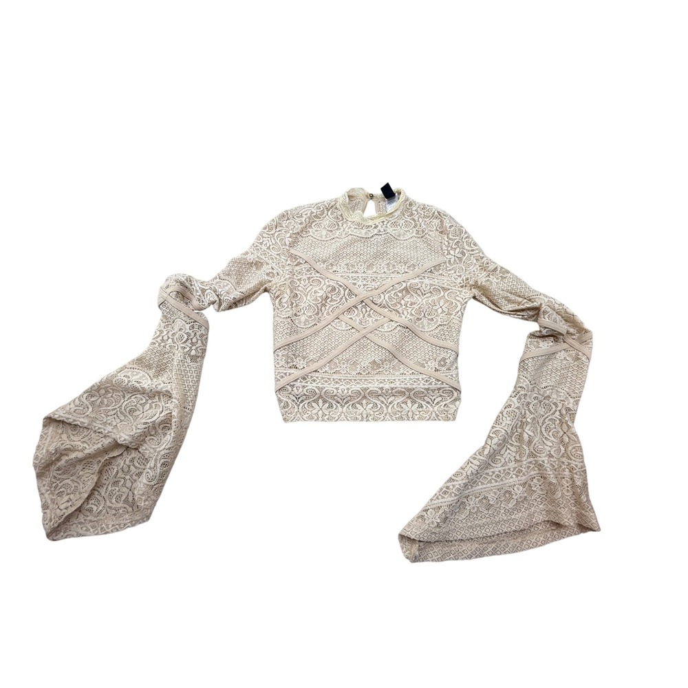 Windsor Cream Lace Bell Sleeve Crop Top Mock Neck Crochet festival Boho S